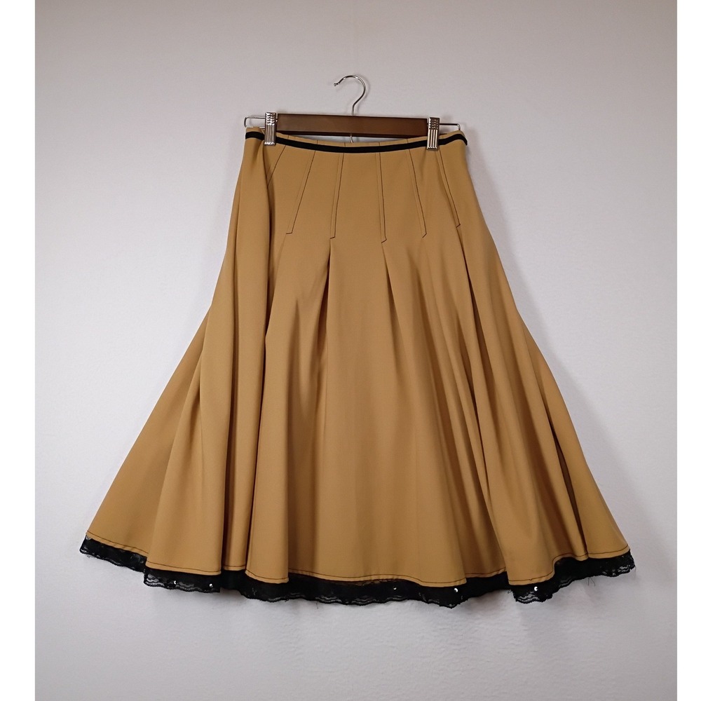 Dark Academia Genes Women Size 0 Camel Tan Merino Wool Lace Trim Pleated Skirt